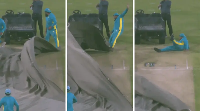 Heavy rain in Lahore; watch groundsmen struggling to keep the covers on amid strong winds in the PSL 2026