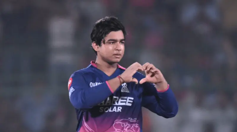 Vaibhav Sooryavanshi salutes the RR dugout after scoring a record 36-ball century against SRH