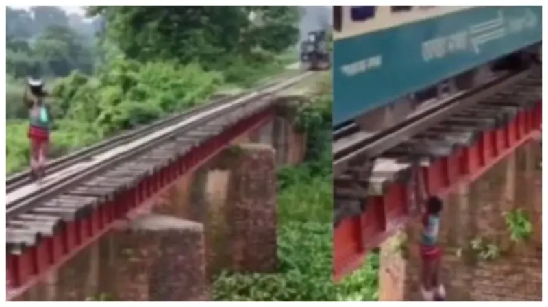 தண்டவாளத்தில் நடந்த இளைஞர், கண் இமைக்கும் நேரத்தில் நடந்த அதிசயம். மரணத்தின் விளிம்பில் ஒரு நொடி. வைரலாகும் அதிர்ச்சியூட்டும் ரயில் வீடியோ.!!!