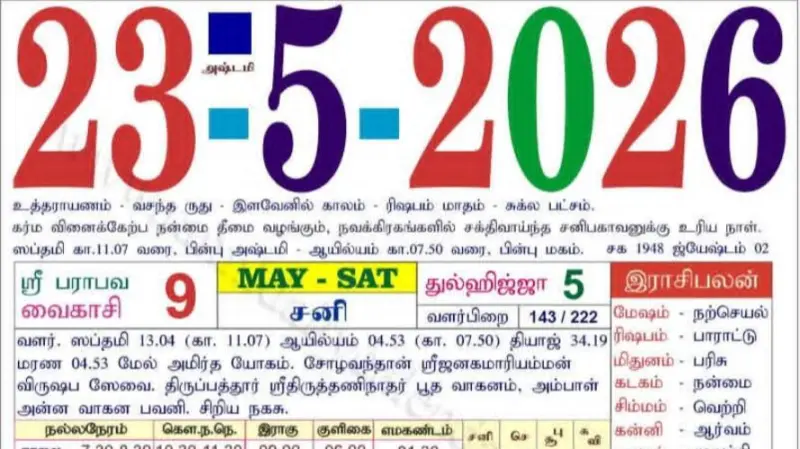 இன்றைய ராசி பலன்கள் - 23.05.2026 சனி கிழமை
