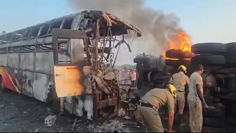 13 dead as private bus catches fire after colliding with truck in Andhra Pradesh