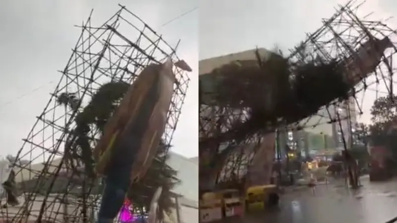 வாகனம் போன அடுத்த செகண்ட்.. சல்லிசல்லியாய் விழுந்த பிரம்மாண்ட கட்-அவுட்..! வைரலாகும் ஷாக்கிங் வீடியோ.!!
