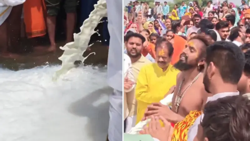 ನರ್ಮದಾ ನದಿಗೆ 11 ಸಾವಿರ ಲೀಟರ್ ಹಾಲು ಸಮರ್ಪಣೆ: ಪರಿಸರವಾದಿಗಳಿಂದ ತೀವ್ರ ಆಕ್ಷೇಪ
