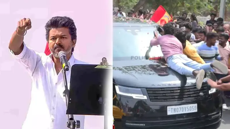 விஜய் காரின் மீது நீச்சலடிக்கும் ஆர்வக்கோளாறு ரசிகர்கள்!.. ஷாக்கிங் வீடியோ!...