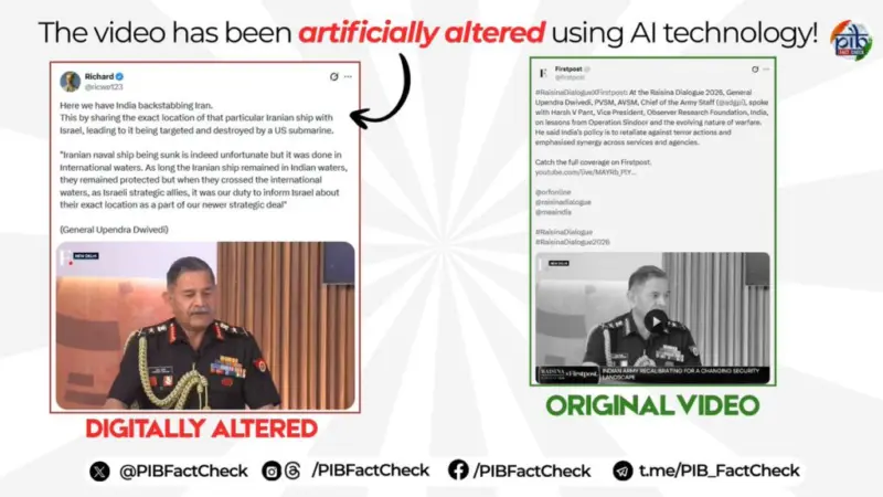 Fake video warning: Manipulated clip of Indian Army Chief circulating on social media regarding Iranian ship