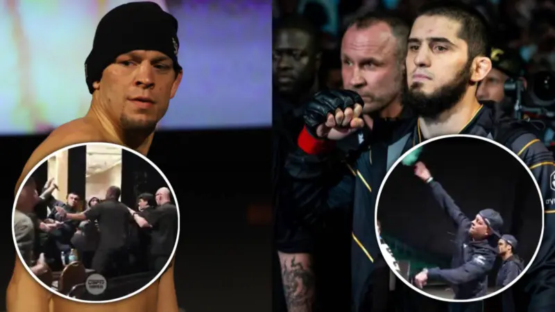 WATCH: California vs Dagestan rivalry reignited as Nate Diaz launches water bottles at Islam Makhachev teammates