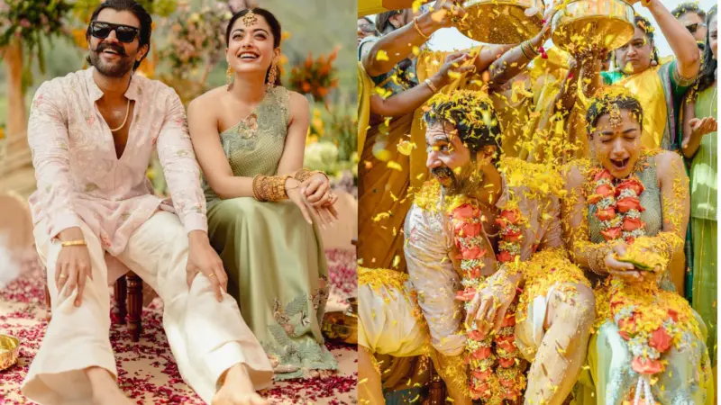 Rashmika, Vijay share Haldi-Holi ceremony pics in pink-and-green combo outfits