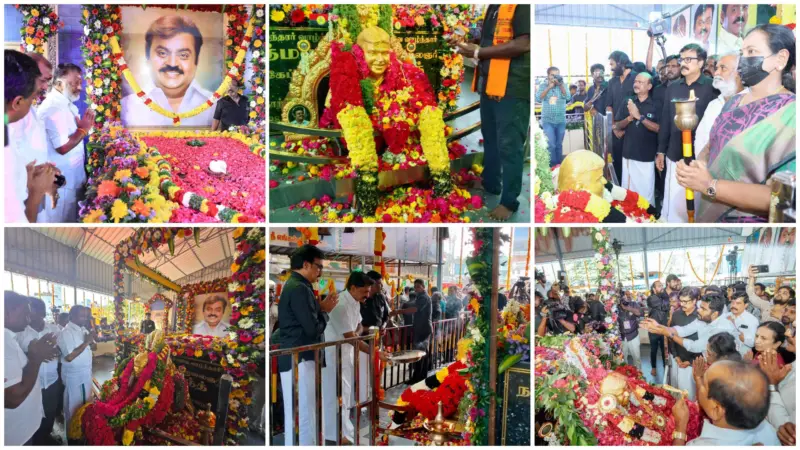 விஜயகாந்த் குருபூஜை : கேப்டன் ஆலயத்தில் தலைவர்கள் அஞ்சலி!