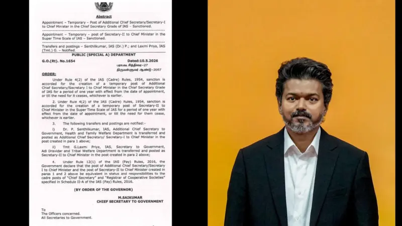 தமிழக முதலமைச்சரின் புதிய செயலாளர்கள் நியமனம்: தவெக அரசு அதிரடி உத்தரவு!