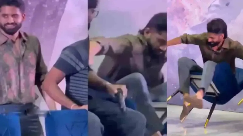 Watch: Naga Chaitanya falls off chair on stage during film event