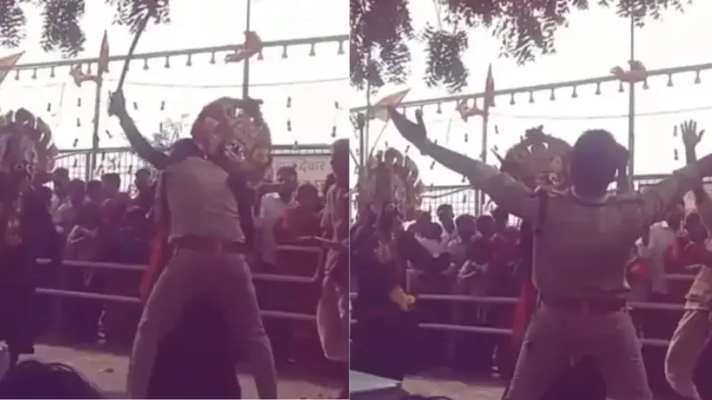मैहर में माता की भक्ति में लीन हुआ ड्यूटी पर तैनात पुलिस जवान, 'काली' के रूप में डांस कर रहे भक्तों के बीचा झूमा