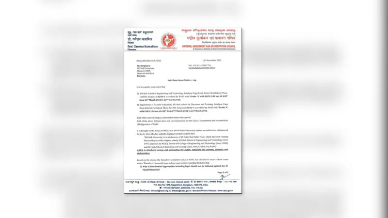NAAC Issues Show-Cause Notice to Al-Falah University for Misleading Accreditation Claims
