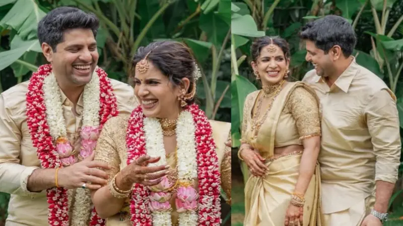 What is the age difference between newlyweds Anirudha Srikkanth and Samyuktha Shanmuganathan?