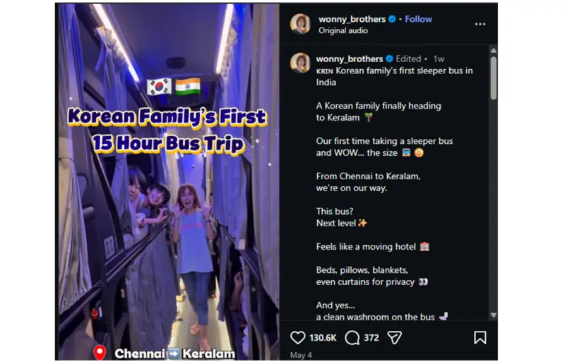 Korean Family’s Chennai-To-Trivandrum Bus Journey Goes Viral, Calls Indian Sleeper Ride ‘Next Level’
