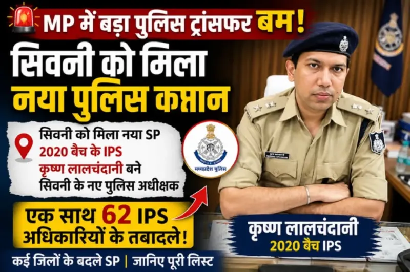 सिवनी के नए एसपी होंगे कृष्ण लालचंदानी : सिवनी को मिला नया युवा एसपी, एमपी में एक साथ 62 IPS अफसरों का तबादला
