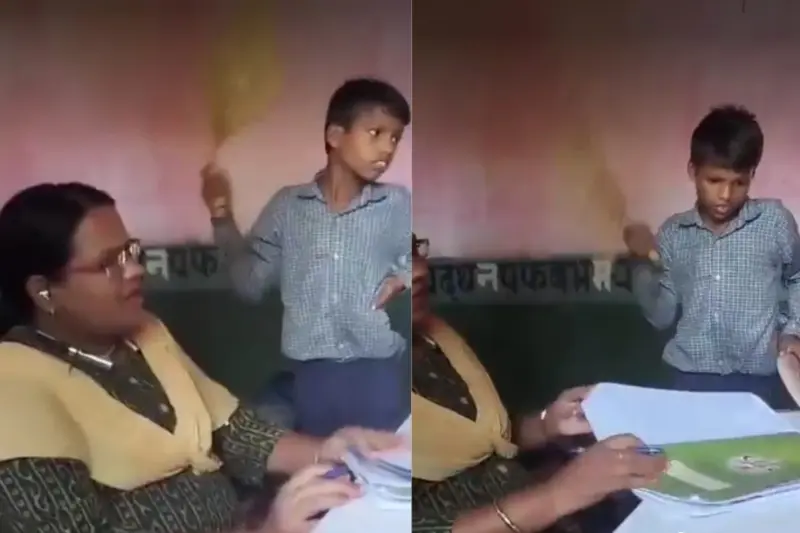 MP Viral Video: Rewa Govt School Shocker! Teacher Enjoys Telephonic Conversation While Student Uses Hand Fan To Ward Off Heat, Watch