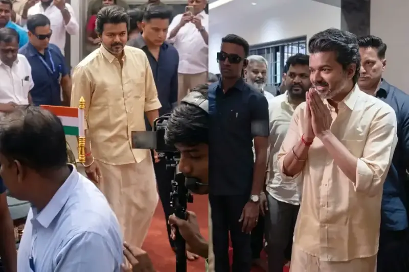 ഔദ്യോഗിക വേഷം മാറ്റിവെച്ച്‌ വിജയ്; മാനേജറുടെ ഗൃഹപ്രവേശത്തിന് എത്തിയത് വേഷ്ടിയും ഷര്‍ട്ടും ധരിച്ച്‌