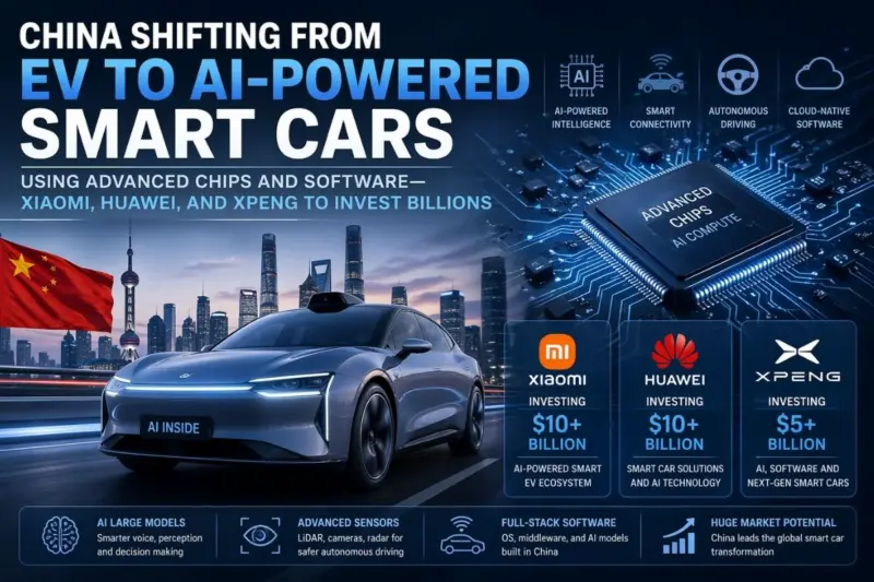 China Shifting From EV To AI-Powered Smart Cars, Using Advanced Chips And Software-Xiaomi, Huawei, And Xpeng To Invest Billions