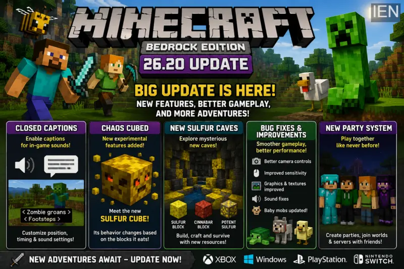 Minecraft Bedrock 26.20 Update Released: Closed Captions, New Sulfur Caves and Party System Added