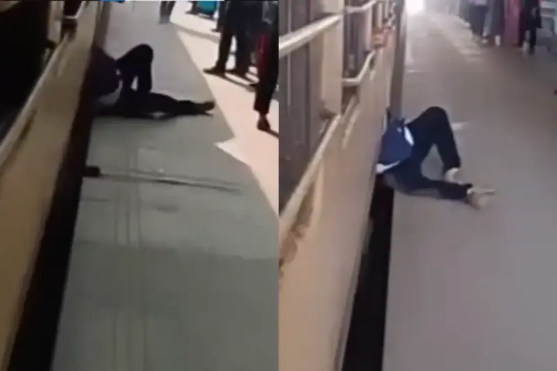 Viral Video: Yamraj on Leave! Man Clings to Speeding Train, Gets Dragged on Platform, Narrowly Escapes Death