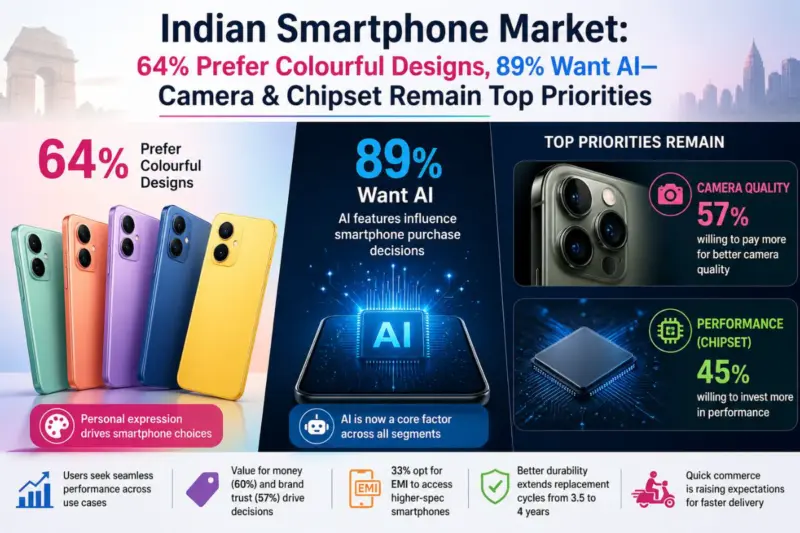 Indian Smartphone Market: 64% Prefer Colourful Designs, 89% Want AI-Camera & Chipset Remain Top Priorities