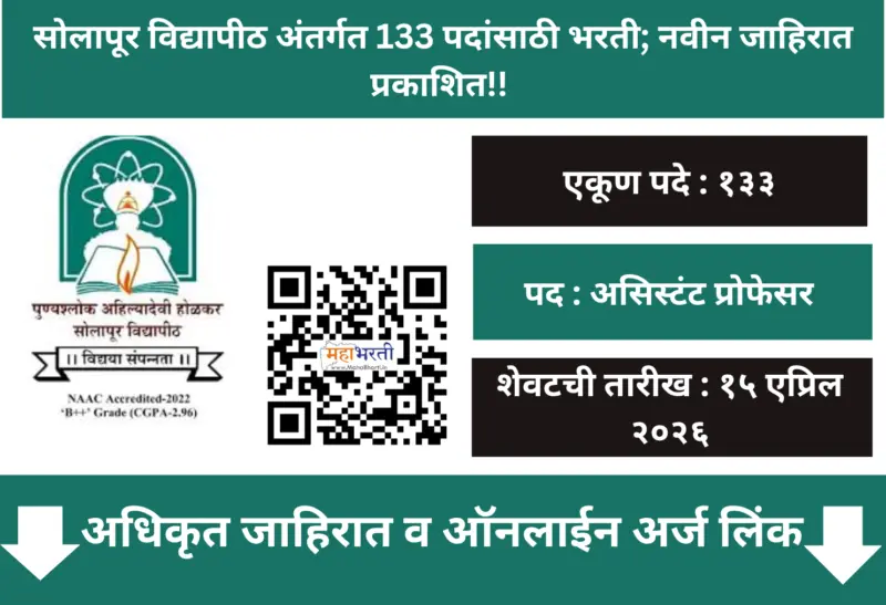 सोलापूर विद्यापीठ अंतर्गत 133 पदांसाठी भरती; नवीन जाहिरात प्रकाशित!! !! | Solapur University Recruitment 2026