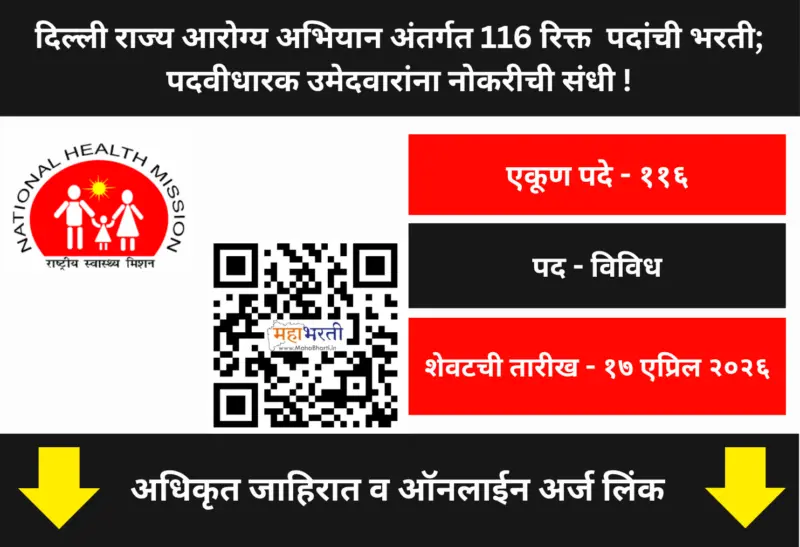 दिल्ली राज्य आरोग्य अभियान अंतर्गत 116 रिक्त  पदांची भरती;  पदवीधारक उमेदवारांना नोकरीची संधी !! | DSHM Vacancy 2026