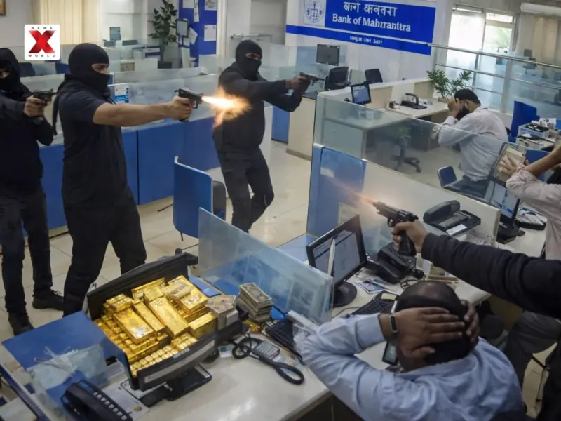MP Heist: 5 Masked Gunmen Storm Bank of Maharashtra, Fire Shots in Daylight, Loot 10 Kg Gold and Rs 20 Lakh Cash | Watch Shocking CCTV Viral Video