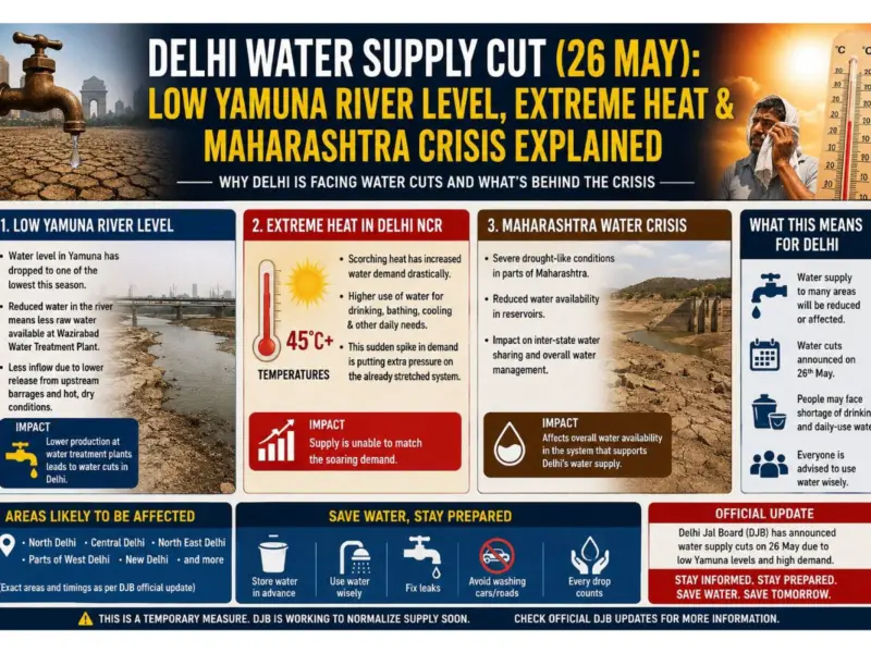 Delhi Water Supply Cut (26 May): Low Yamuna River Level, Extreme Heat & Maharashtra Crisis Explained