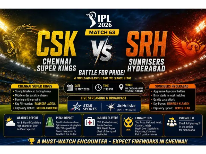 IPL 2026: Chennai Super Kings vs Sunrisers Hyderabad, 18 May: Match 63, Playing 11, Key Players & Match Prediction