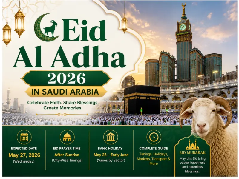 Eid Al Adha 2026 in Saudi Arabia: Check Bakra Eid Prayer Timings, Date, Bank Holiday Schedule, City-Wise Namaz Timings & Everything You Need to Know