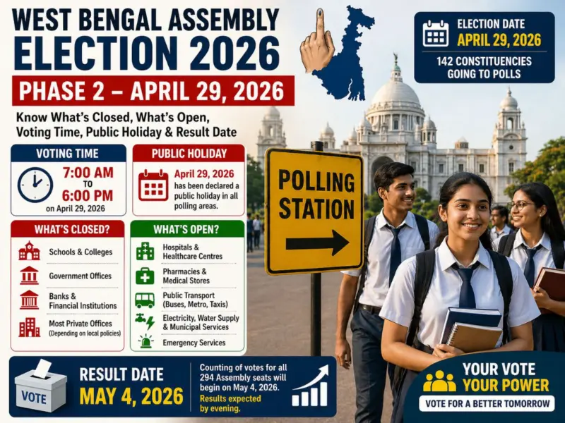 West Bengal Assembly Election 2026 Phase 2: Are Schools & Colleges Open or Closed Today (April 29)? Check What's Closed, What's Open, Voting Time, Public Holiday & Result Date