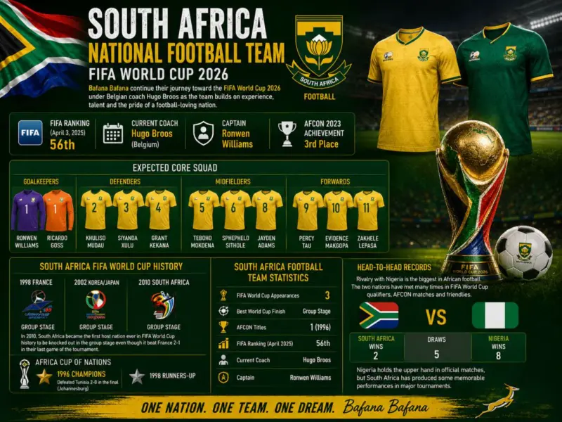 FIFA World Cup 2026: South Africa National Football team, Squad, Ranking, Head-to-Head & Historic Records