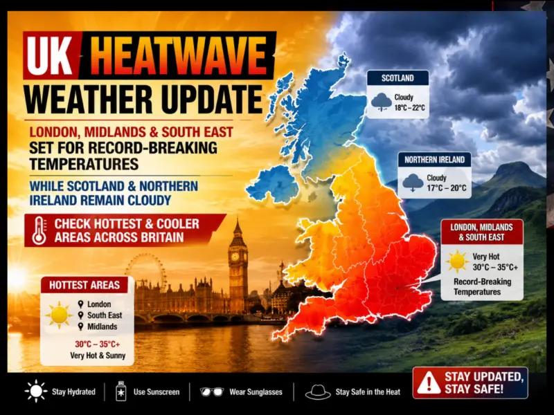 UK Heatwave Weather Update: London, Midlands & South East Set for Record-Breaking Temperatures While Scotland & Northern Ireland Remain Cloudy | Check Hottest & Cooler Areas Across Britain