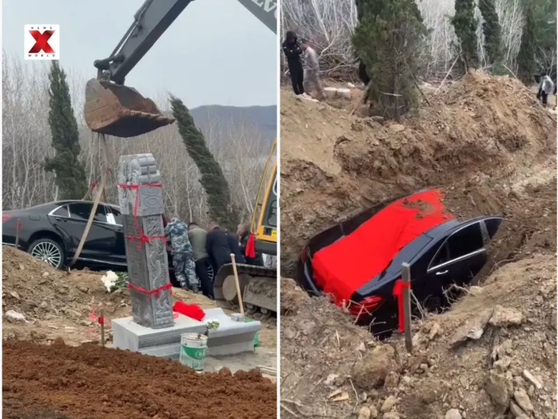 'For Comfort in Afterlife': ₹1.49 Crore Luxury Mercedes-Benz Buried in Grave, Next to Chinese Man Tombstone, Internet Divided Over Ritual vs Waste | Watch