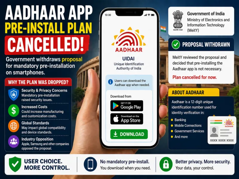 Aadhaar App Pre-Install Rule Scrapped: Govt Drops Mandatory Plan for Smartphones