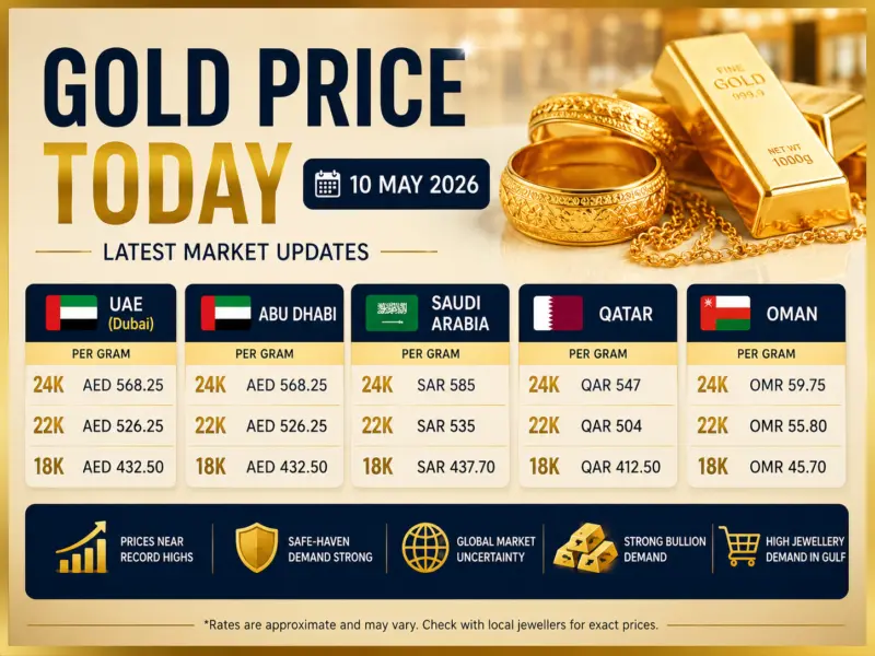 Gold Price Today (10 May 2026) in UAE, Dubai, Abu Dhabi, Saudi Arabia, Qatar and Oman: 18K, 22K, 24K Latest Market Updates