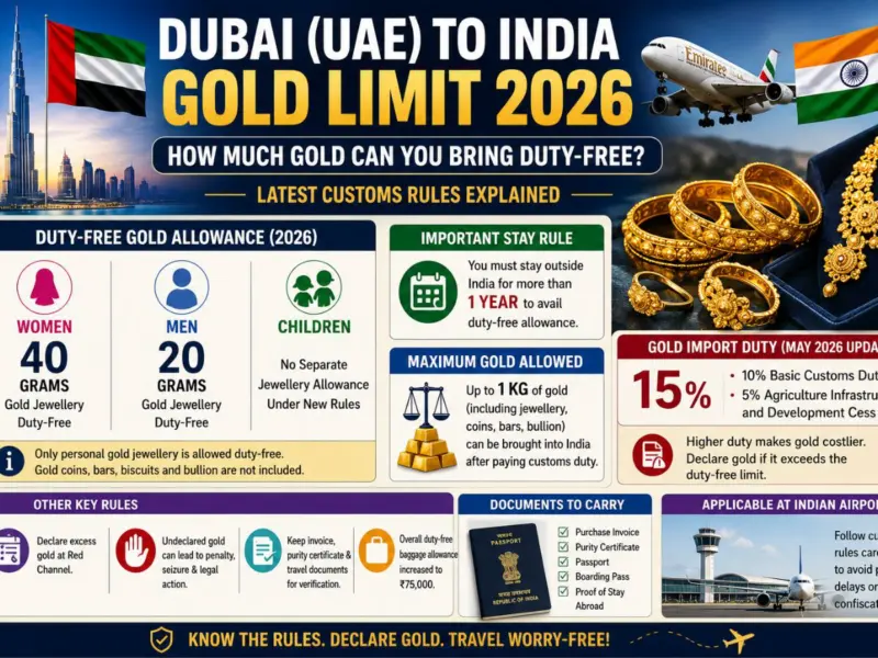 Dubai (UAE) to India Gold Limit 2026: How Much Gold Can You Bring Duty-Free? Customs Rules for Men, Women and Children Explained