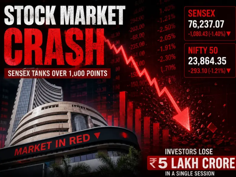 Stock Market Crash Today: Sensex Falls Over 1,000 Points, Investors Lose ₹5 Lakh Crore; Key Reasons Behind Market Selloff