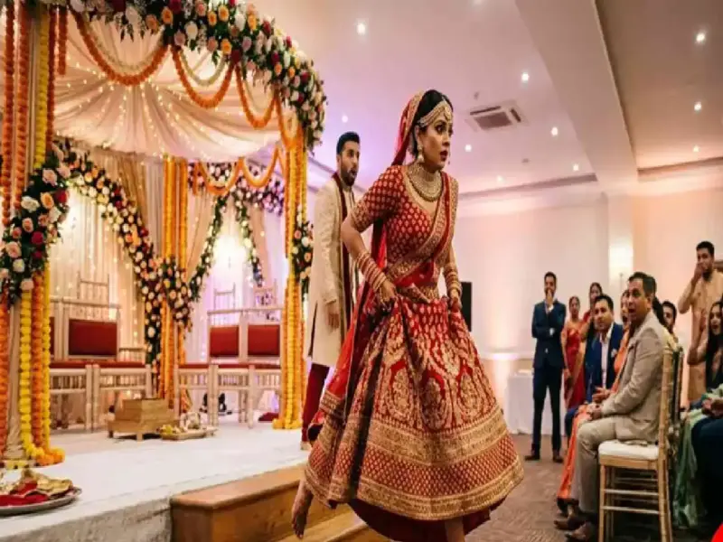As the groom tried to put the garland around her neck, the bride jumped off the stage and placed it around her lover's neck