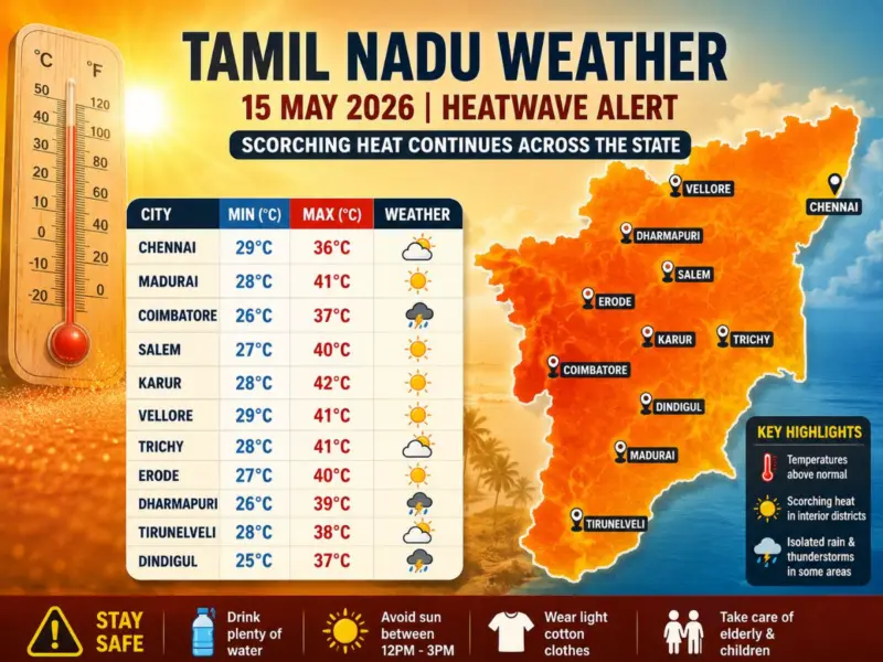 Tamil Nadu Weather Today (15 May 2026): Chennai, Madurai, Coimbatore, Salem, Karur, Vellore & Major Cities Continue To Face Intense Heatwave Conditions