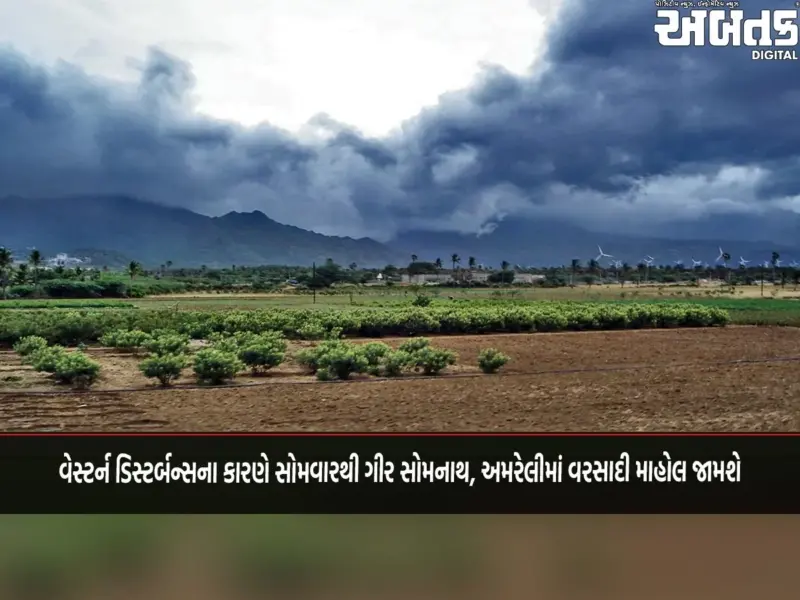 વેસ્ટર્ન ડિસ્ટર્બન્સના કારણે સોમવારથી ગીર સોમનાથ, અમરેલીમાં વરસાદી માહોલ જામશે