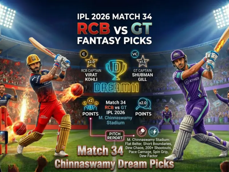 RCB vs GT Dream11 Prediction IPL 2026: Fantasy Cricket Tips, Playing XI, Pitch Report For Match 34 Captain, Vice-Captain Choices