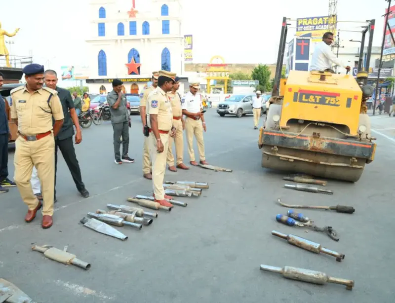 Nalgonda Police Destroy 72 Modified Bike Silencers