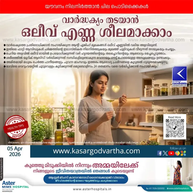 പ്രായത്തെ തോല്‍പ്പിക്കാൻ ഒരു സ്പൂണ്‍ ഒലീവ് ഓയില്‍! നല്ല ആരോഗ്യത്തിന് അറിയേണ്ട 5 കാര്യങ്ങള്‍