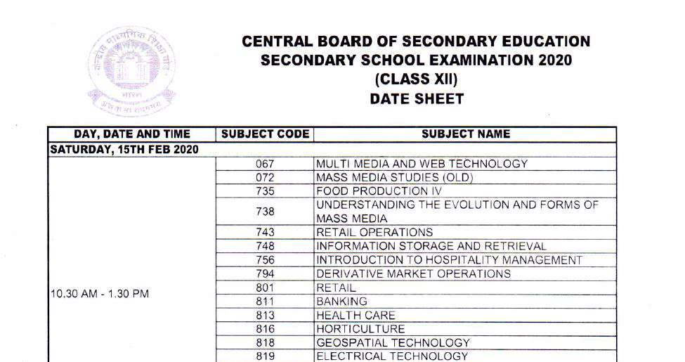 Cbse 2020 Date Sheet Download Class 10 And 12 Complete Schedule
